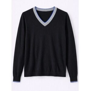 Mens 100% Cashmere V-Neck Sweater Black Gray Blue Trim Lightweight Pullover